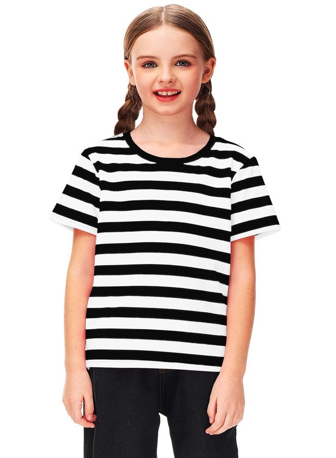 Deerose Kids Mime Artist Costume Shirt Halloween Short Sleeve Black White Striped Crewneck Summer Tee Top 7-8 Years - Image 5